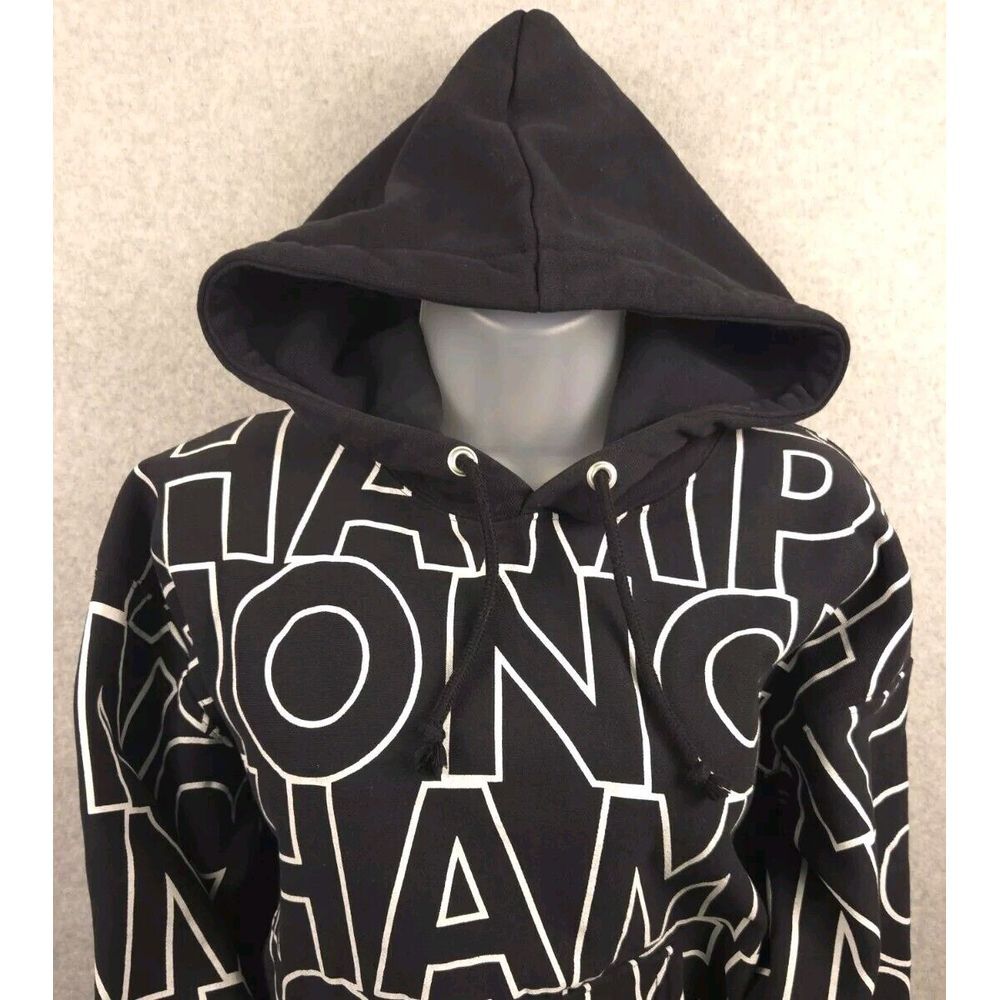 Champion Reverse‎ Weave Womens Hoodie Jacket Drawstring All Over Logo Med Black